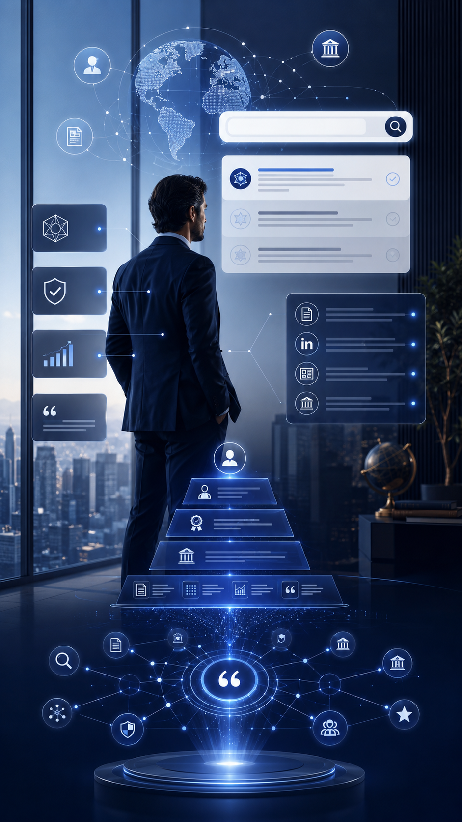 A man in a business suit standing indoors near large windows, with a digital interface of mind maps, icons, charts, and a world map superimposed in front of him, illustrating data, connectivity, and business analytics.