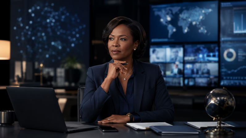 A serious woman in a navy blazer sitting at a desk in a high-tech office with multiple screens displaying data and world maps.