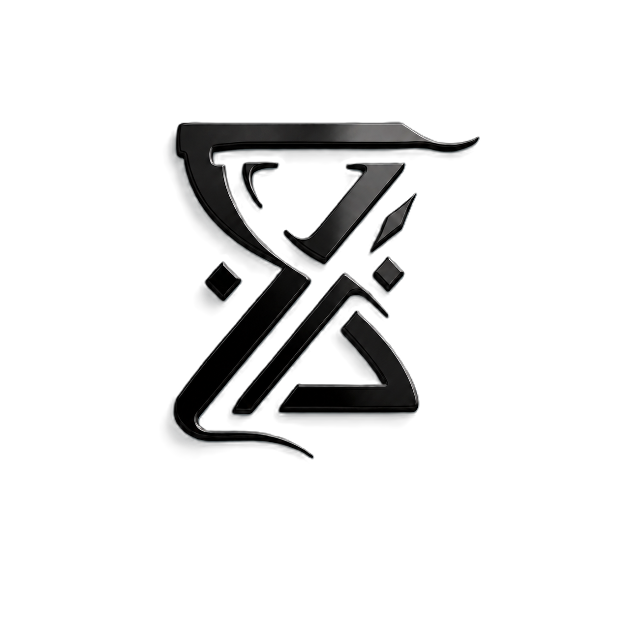 A stylized black logo with a metallic appearance on a black background, featuring a combination of geometric shapes and lines that form an abstract symbol.