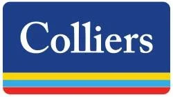 Colliers logo with blue background and colorful stripes underneath