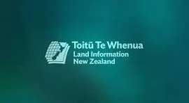 Toitū Te Whenua Land Information New Zealand logo on a teal background.