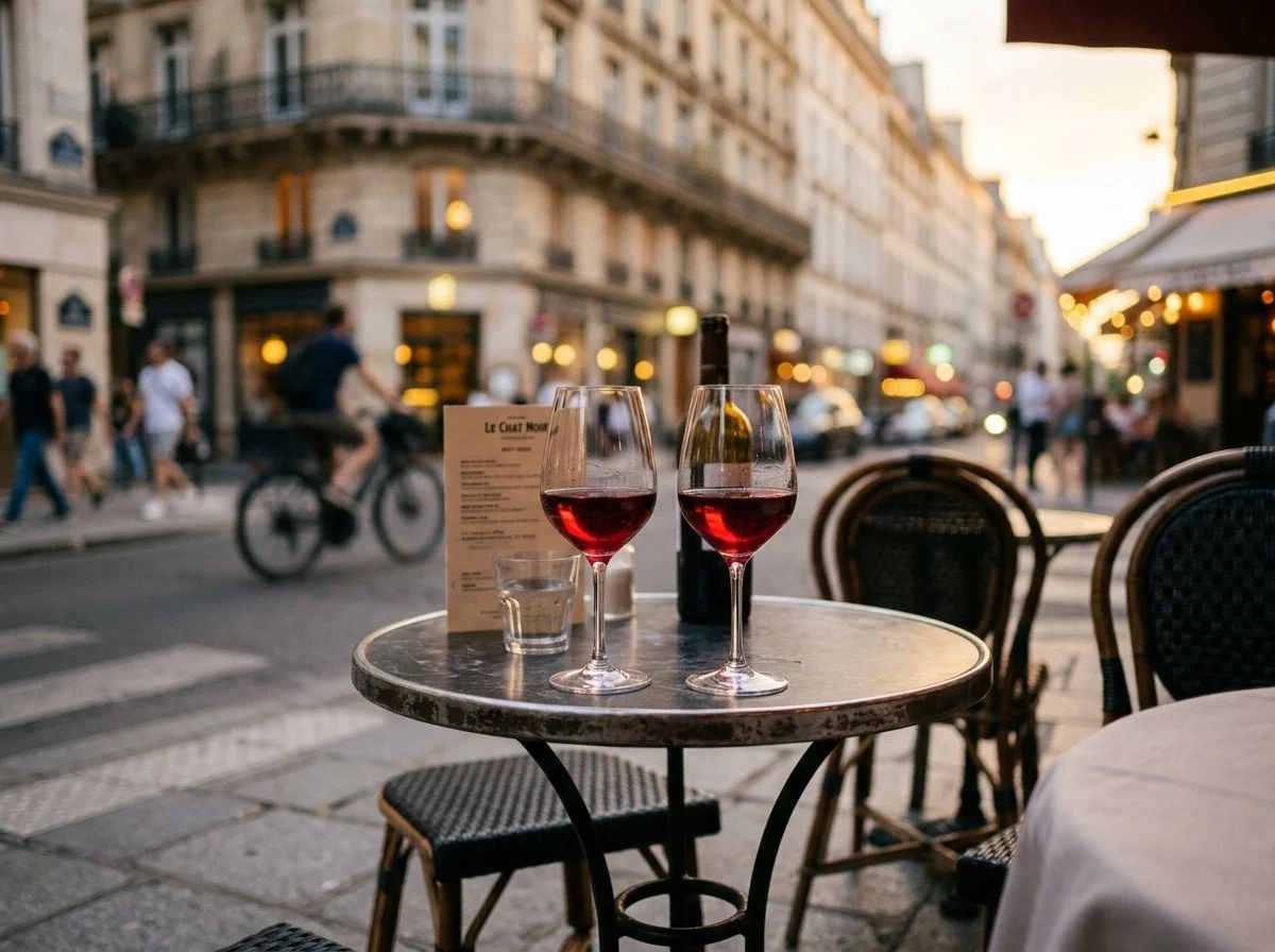 Two glasses of red wine on a round outdoor table at a Parisian cafe during sunset, with blurred city street scene in background.