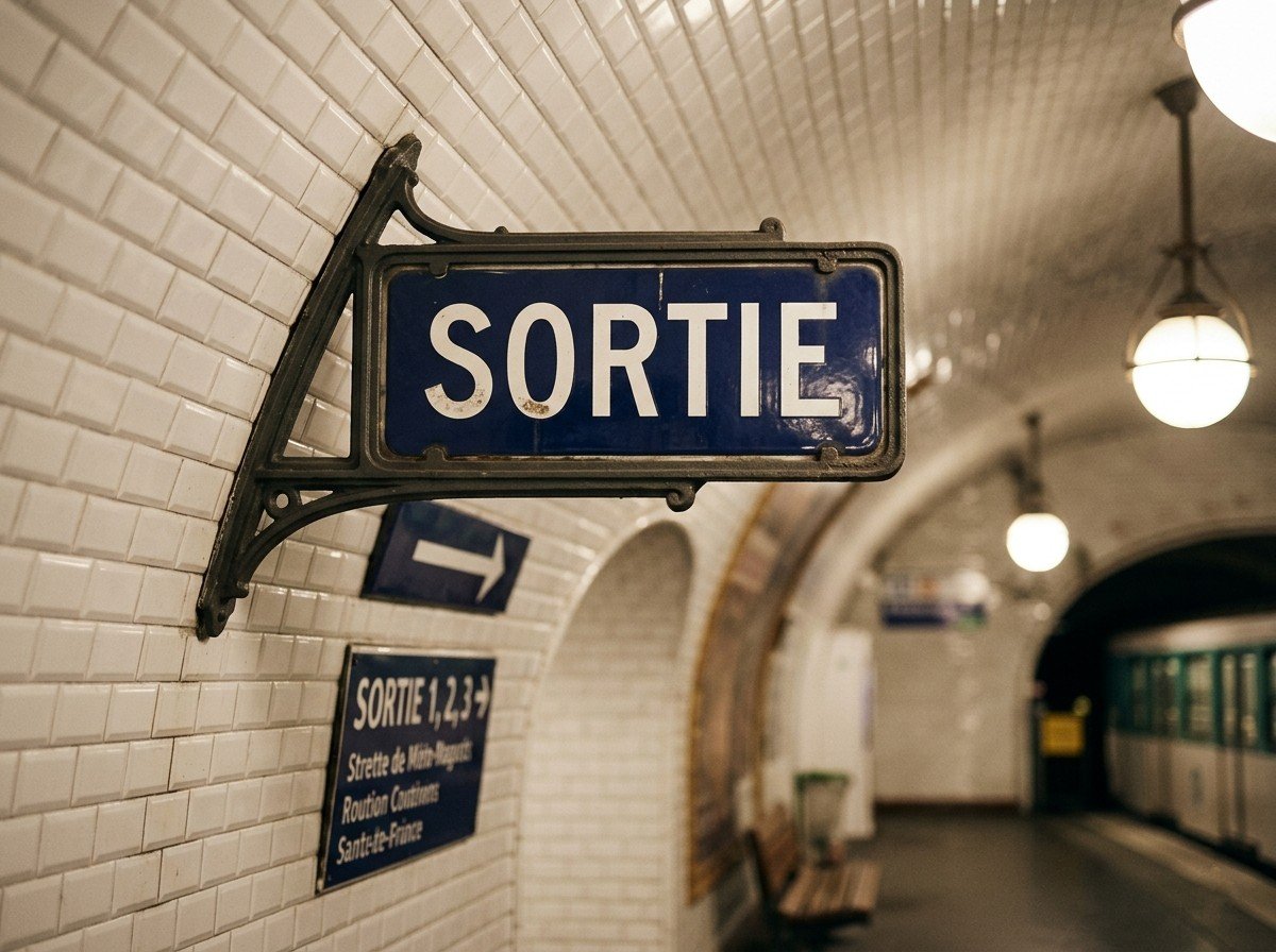 Paris metro station with a blue 'Sortie' exit sign and underground platform.