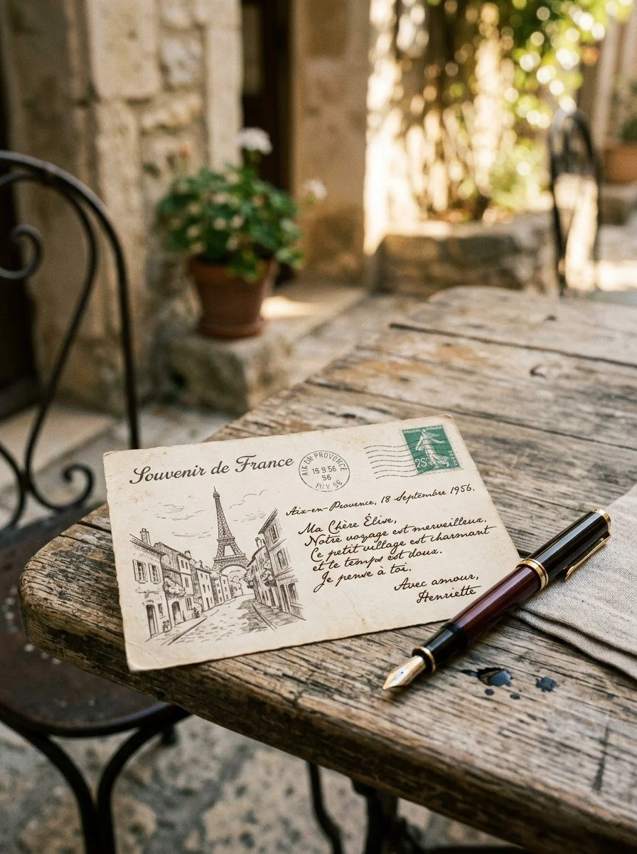 A vintage postcard from France with a sketch of Paris, including the Eiffel Tower, lying on a rustic wooden table beside a black and gold fountain pen. In the background, there is a potted plant and outdoor patio furniture.
