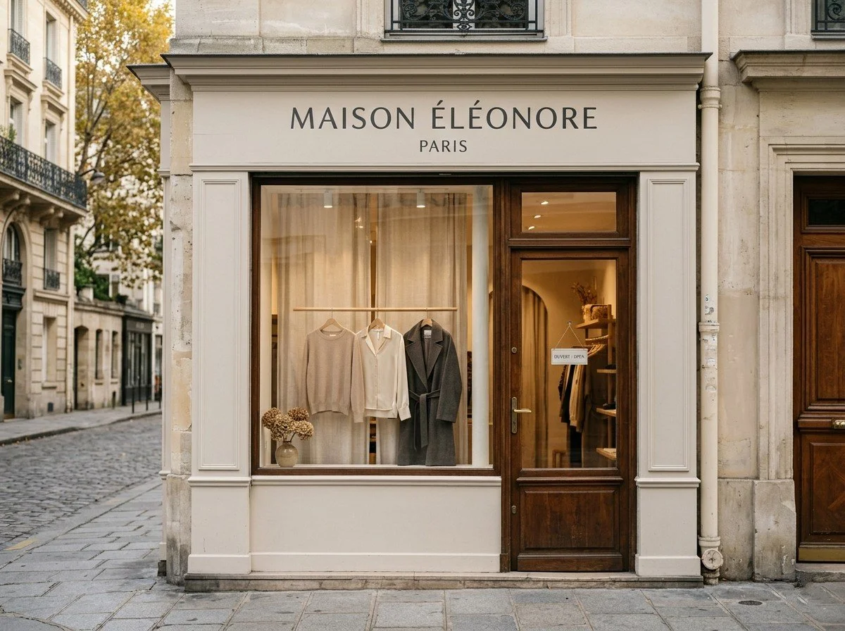 A storefront for Maison Éléonore Paris with clothing displayed in the window, including beige sweaters, shirts, and a dark coat, with a vase of flowers. The shop appears cozy and inviting, with a wooden door and warm interior lighting.