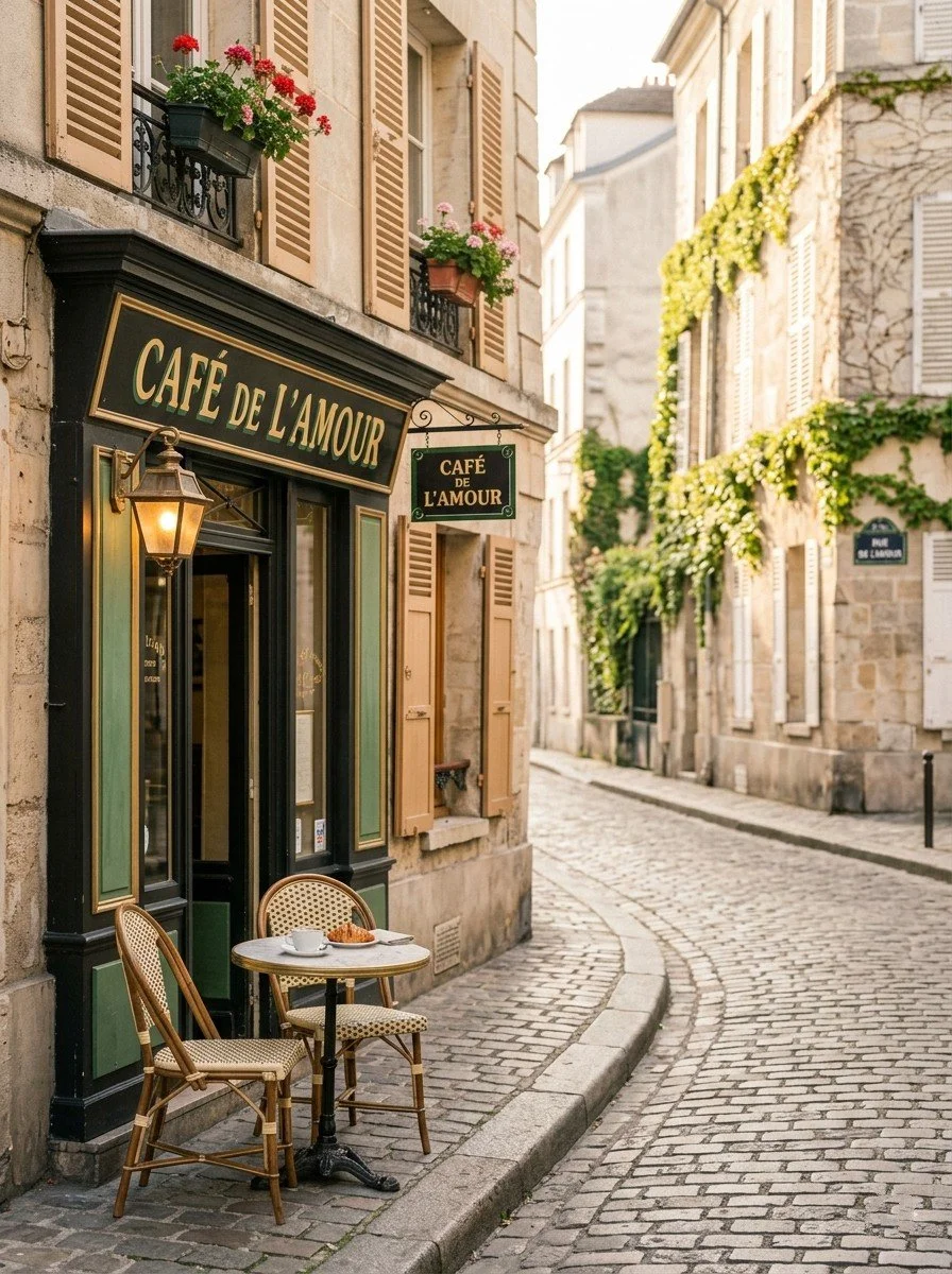 A small outdoor café named 'Café de L'amour' on a cobblestone street in a European city, with a table, two chairs, and a pastry on the table. The café has a black and gold sign, flower boxes with pink and red flowers above the windows, and the buildings are made of stone with shuttered windows and greenery.