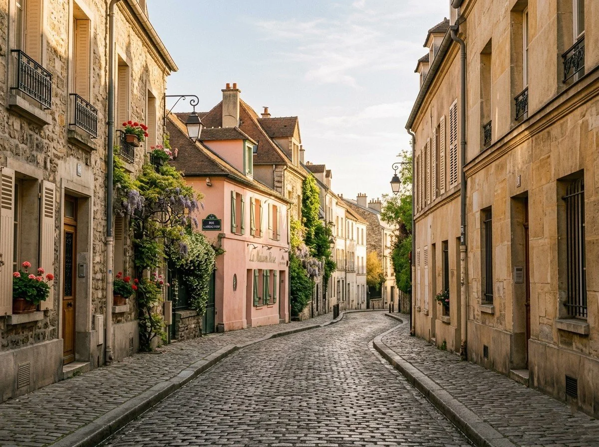A cobblestone street in a European town lined with colorful stone and stucco buildings with flower boxes on windows and soft sunlight.
