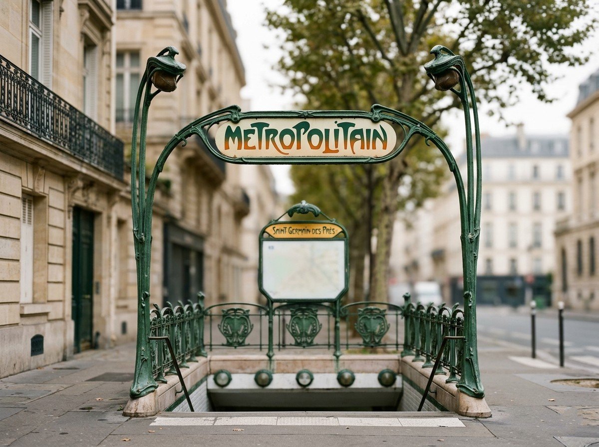 Paris Métropolitain entrance with ornate green ironwork, a sign reading 'METROPOLITAIN,' and a map display in the background.