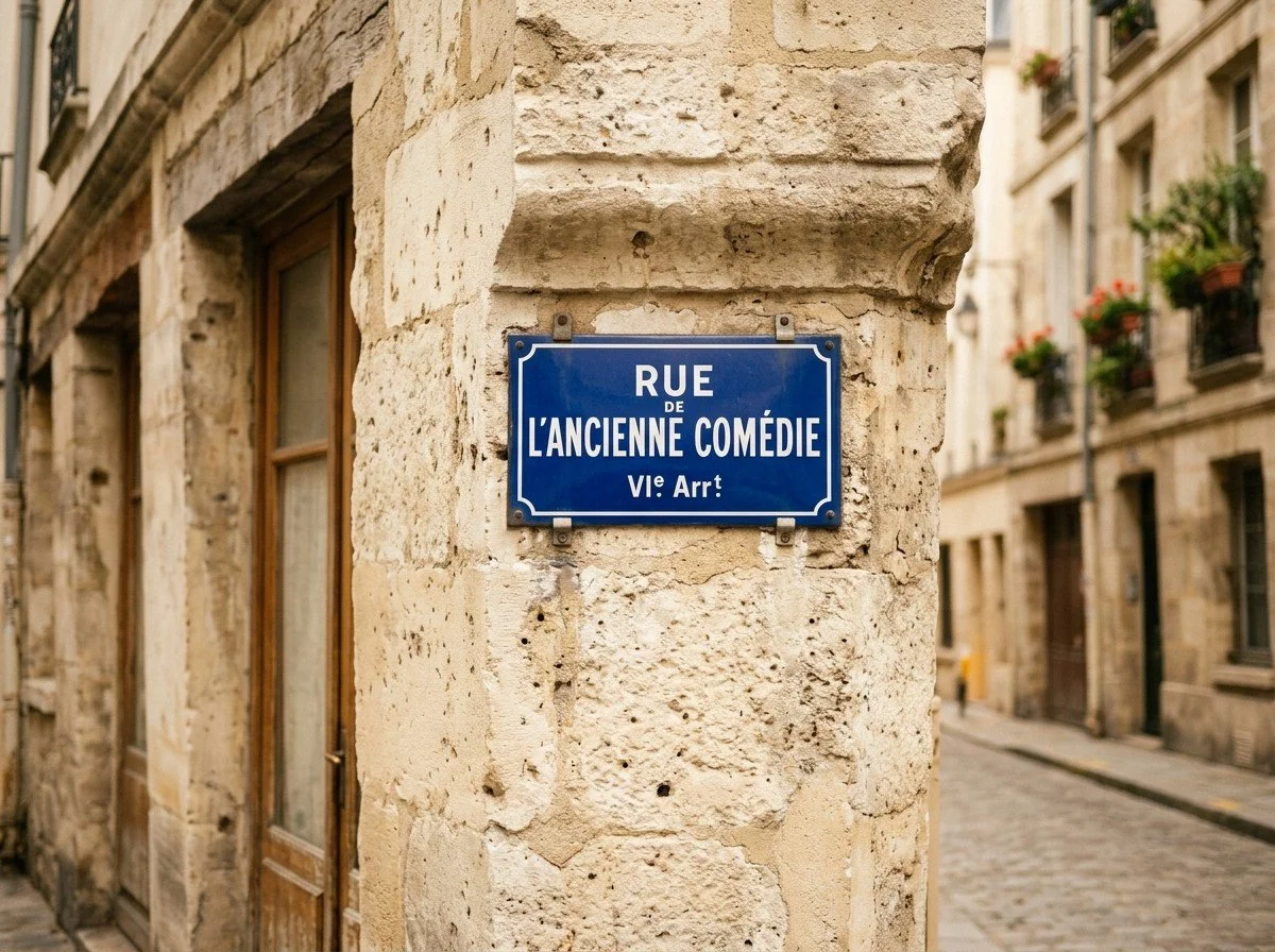 Street sign on a stone building corner reading "RUE DE L'ANCIENNE COMÉDIE" in French, in a European city street with older buildings and flowered balcony planters in the background.
