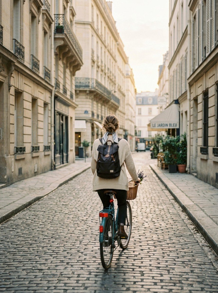 A woman riding a bicycle down a cobblestone street in Paris, France, with classic Parisian buildings and a sign that says 'Le Jardin Bleu'.