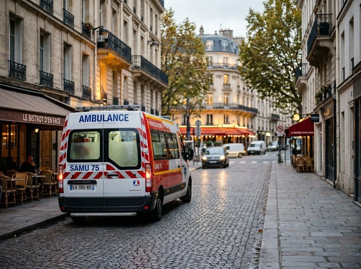 A parked ambulance on a cobblestone street in a city, with cafes and buildings lining the sidewalk and a few cars driving by.