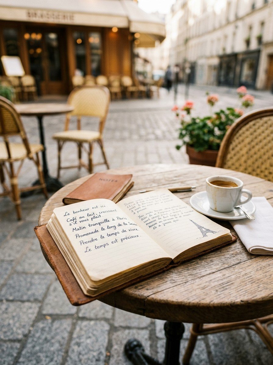 A wooden outdoor cafe table with a cup of coffee, an open notebook with handwritten French text and a drawing of the Eiffel Tower, a closed notebook, and a pen, set on a cobblestone street in Paris, with blurred chairs, flowers, and buildings in the background.