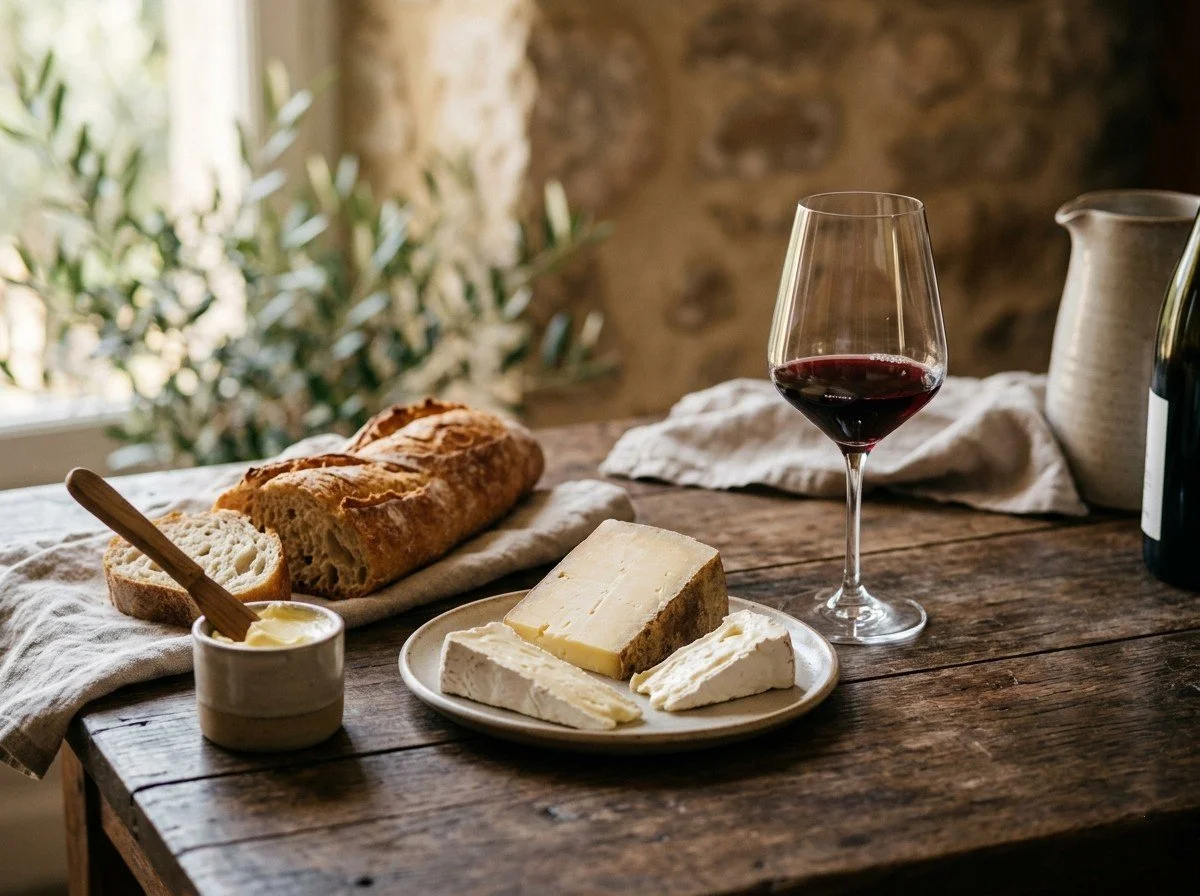 A rustic wooden table with a plate of cheese, a loaf of bread, a glass of red wine, and a small dish of butter, near a window with natural light.
