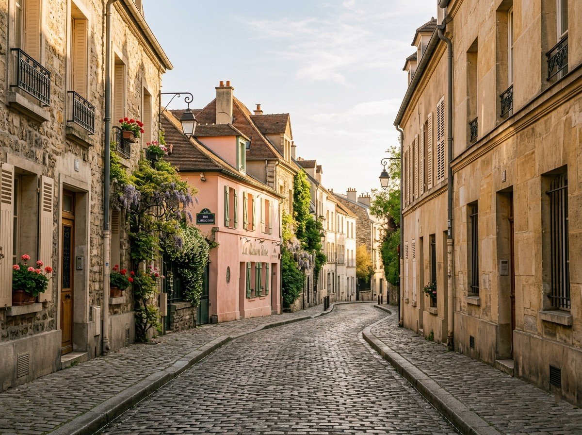 A quiet cobblestone street lined with historic European-style buildings, some with flower boxes and shutters, during daytime.