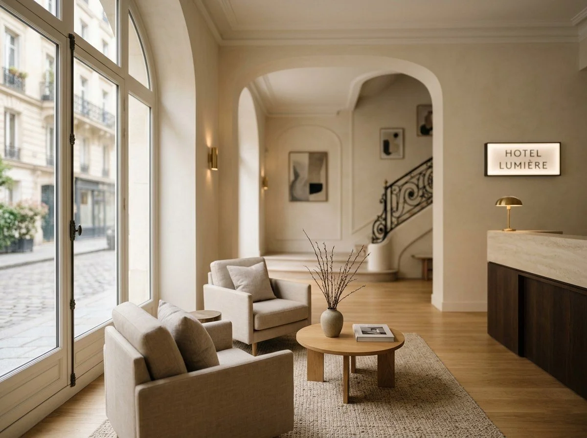 Hotel lobby with beige armchairs, a round wooden coffee table with a book and a vase with dried branches, large windows, wall sconces, and a staircase with black wrought-iron railing, sign reading "Hotel Lumière" on the wall.