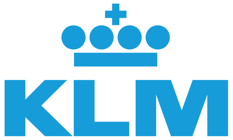 The KLM logo in blue with a crown symbol above the word 'KLM'.