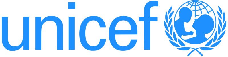 UNICEF logo featuring the word 'UNICEF' in blue with a globe and a child silhouette surrounded by laurel branches.
