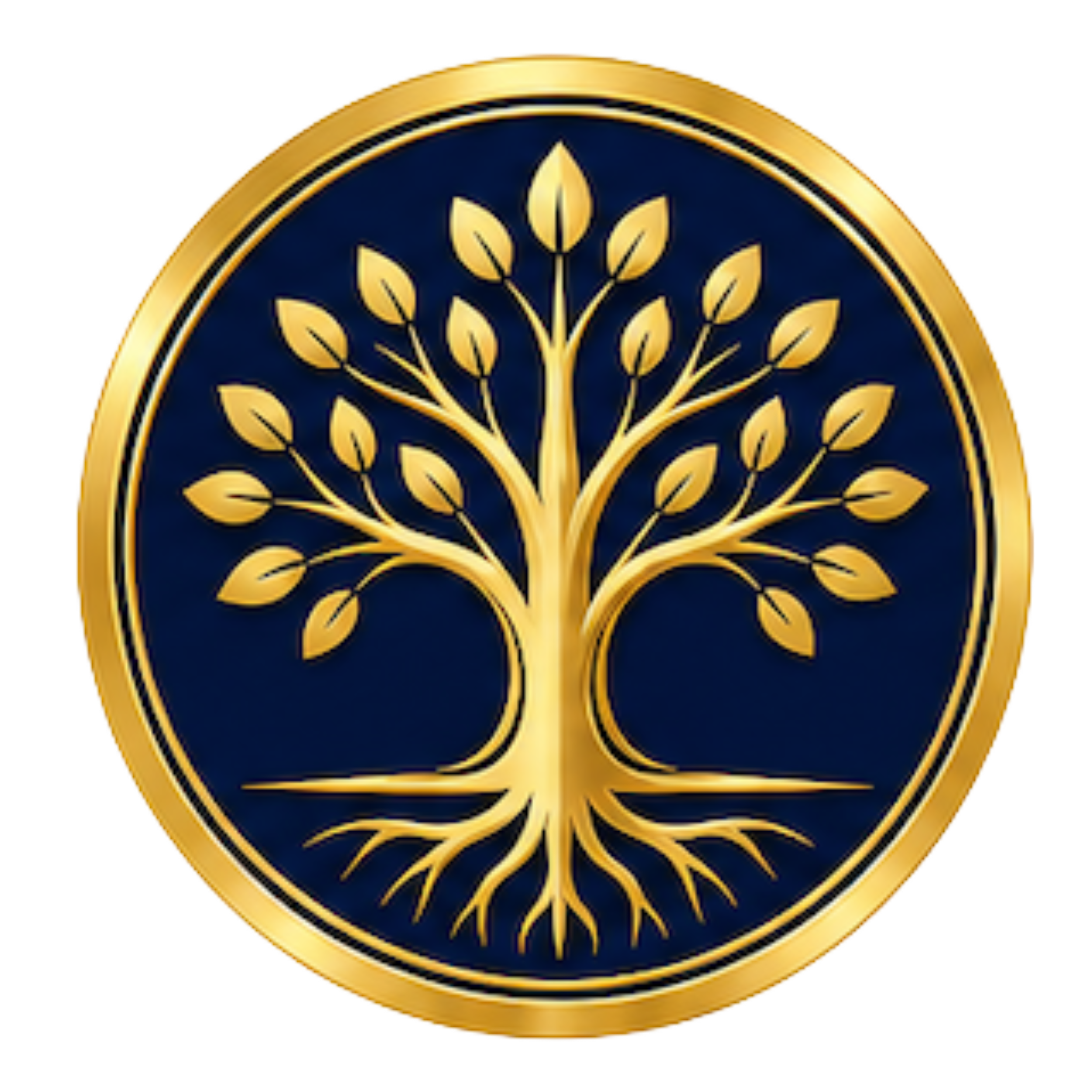 Gold and navy circular emblem with a stylized gold tree with multiple branches and leaves at the center.