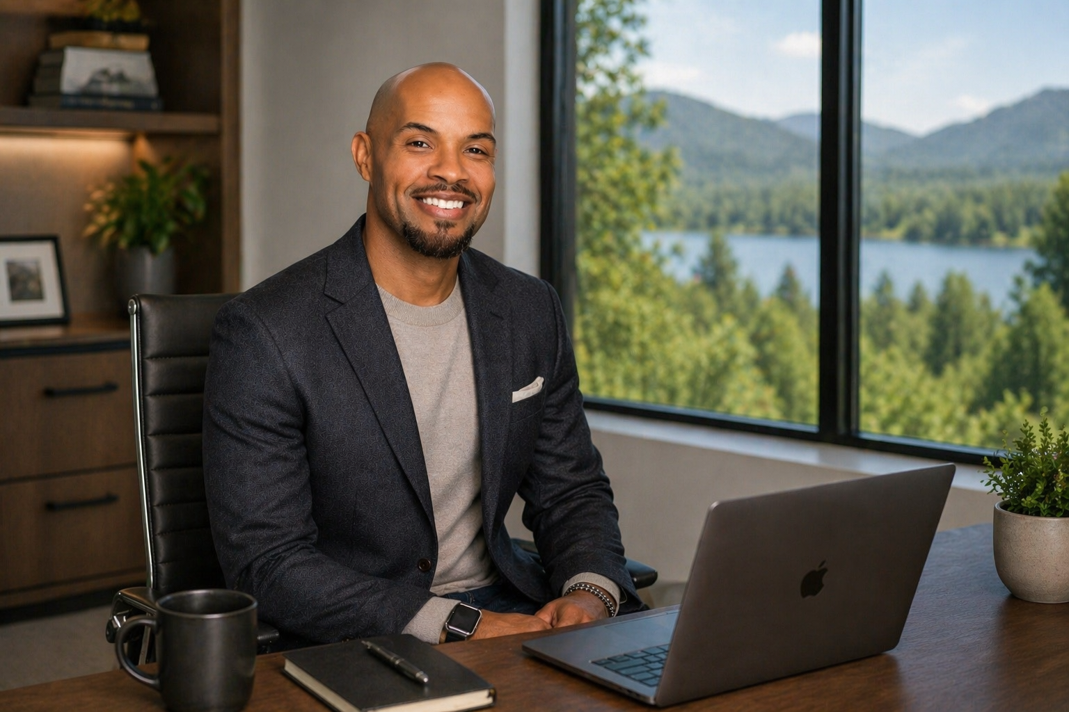 A man in a blazer and t-shirt sitting at a desk in an office with a view of a lake and mountains through large windows.