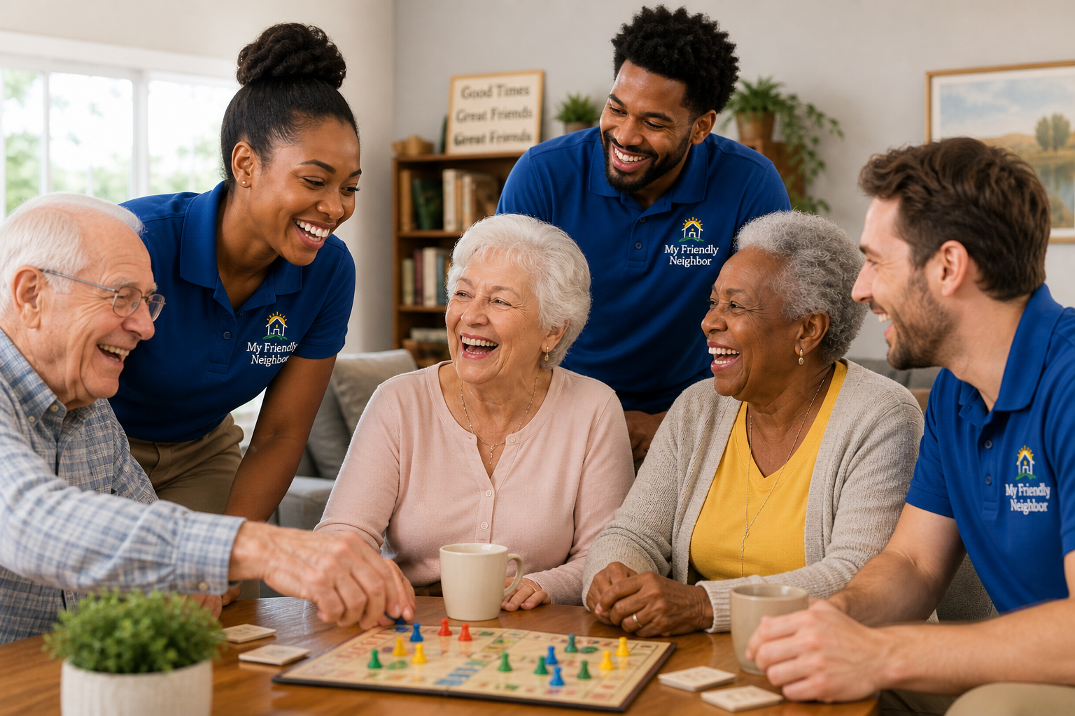 A diverse group of six people, including elderly seniors, playing a board game together and laughing in a cozy, well-lit living room.