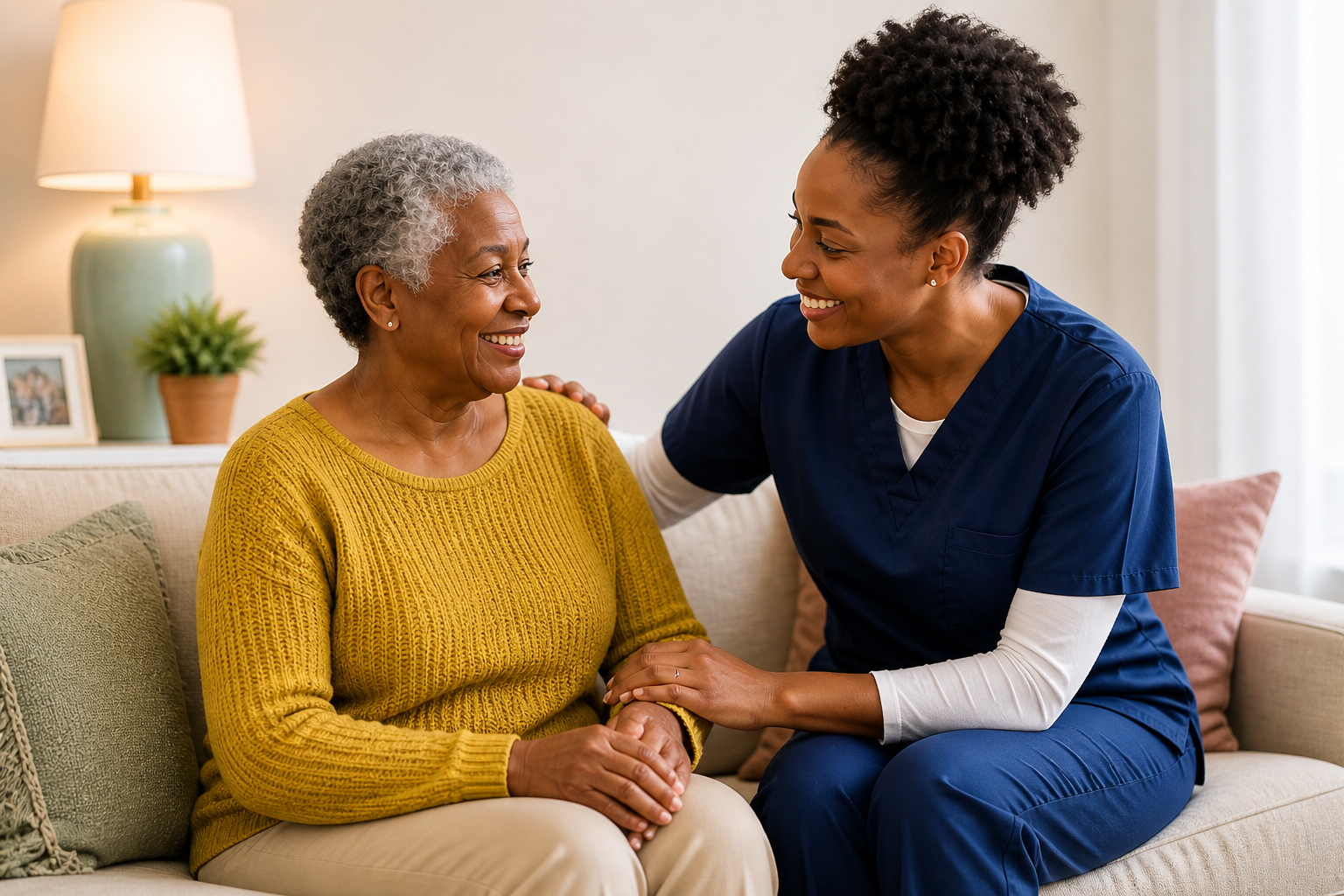 A nurse sits on a sofa with an elderly woman, holding her hand and smiling. They are in a cozy living room with a lamp, potted plant, and framed photo in the background.