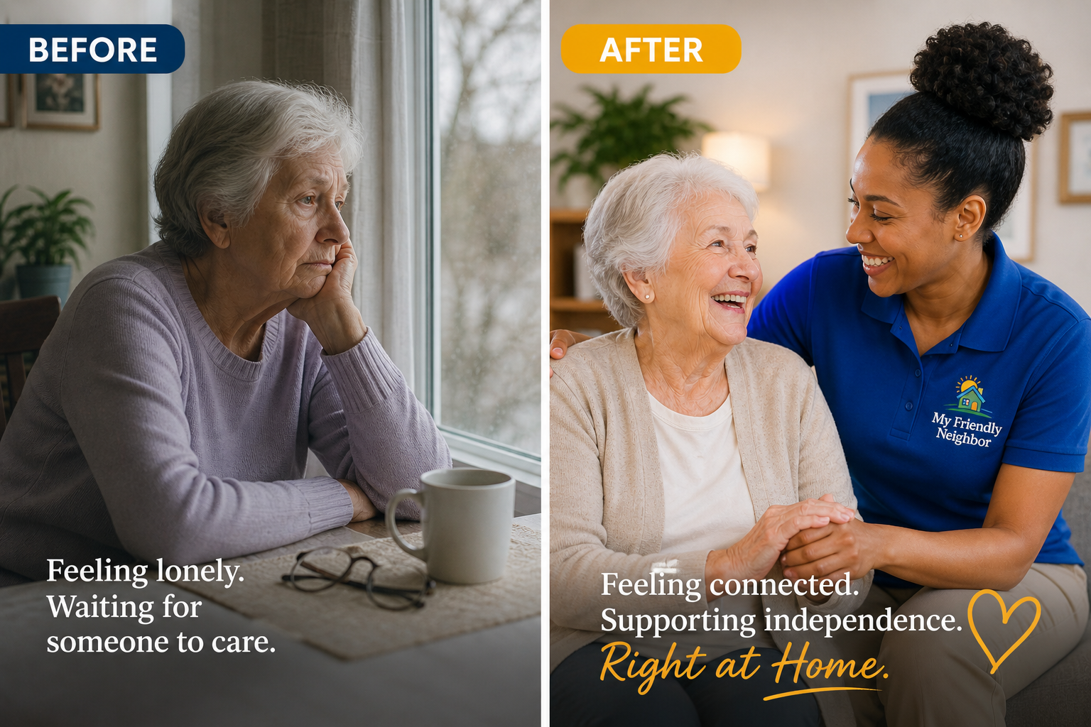 Before and after images showing an elderly woman. In the "Before" image, she looks sad and lonely, sitting alone at a table with a mug and glasses, staring out the window. In the "After" image, she is smiling and happily interacting with a caregiver who is supporting her at home, both looking at each other warmly.