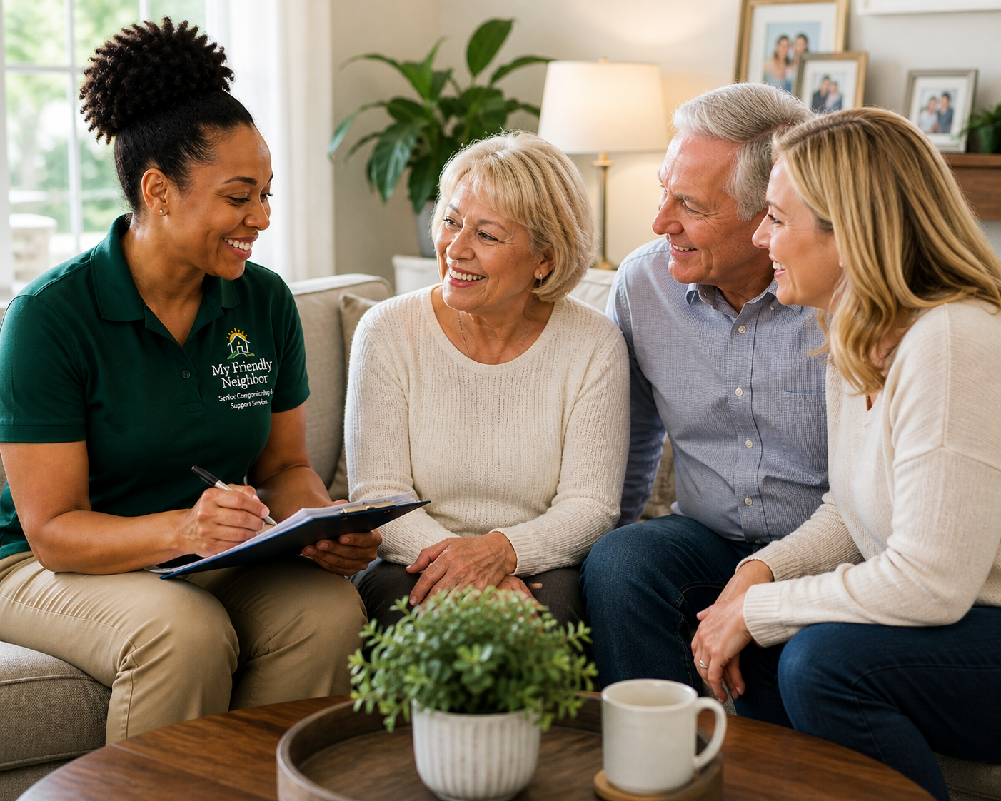 A woman in a green shirt labeled 'My Friendly Neighbor' is taking notes on a clipboard while sitting on a beige couch with four older adults, smiling and engaging in conversation in a cozy living room with framed photos and a lamp in the background.