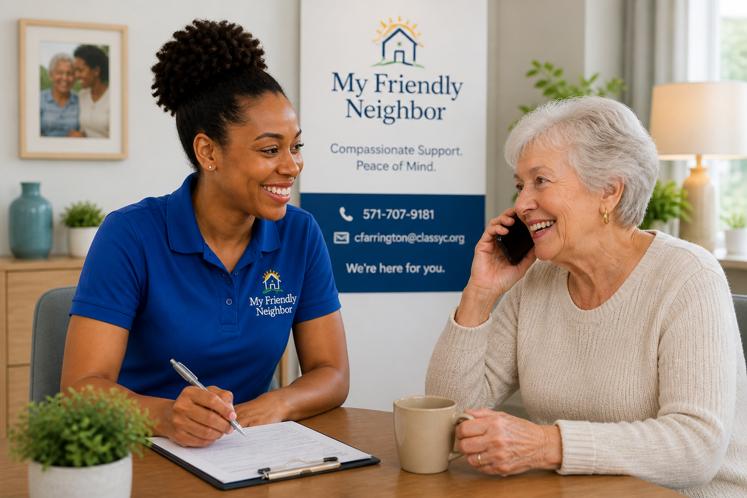 A young woman in a blue polo shirt with 'My Friendly Neighbor' logo, smiling and taking notes, talking to an elderly woman with white hair, who is on the phone and smiling. They sit at a table with a potted plant and a coffee mug, in an office setting with a sign for 'My Friendly Neighbor' behind them.