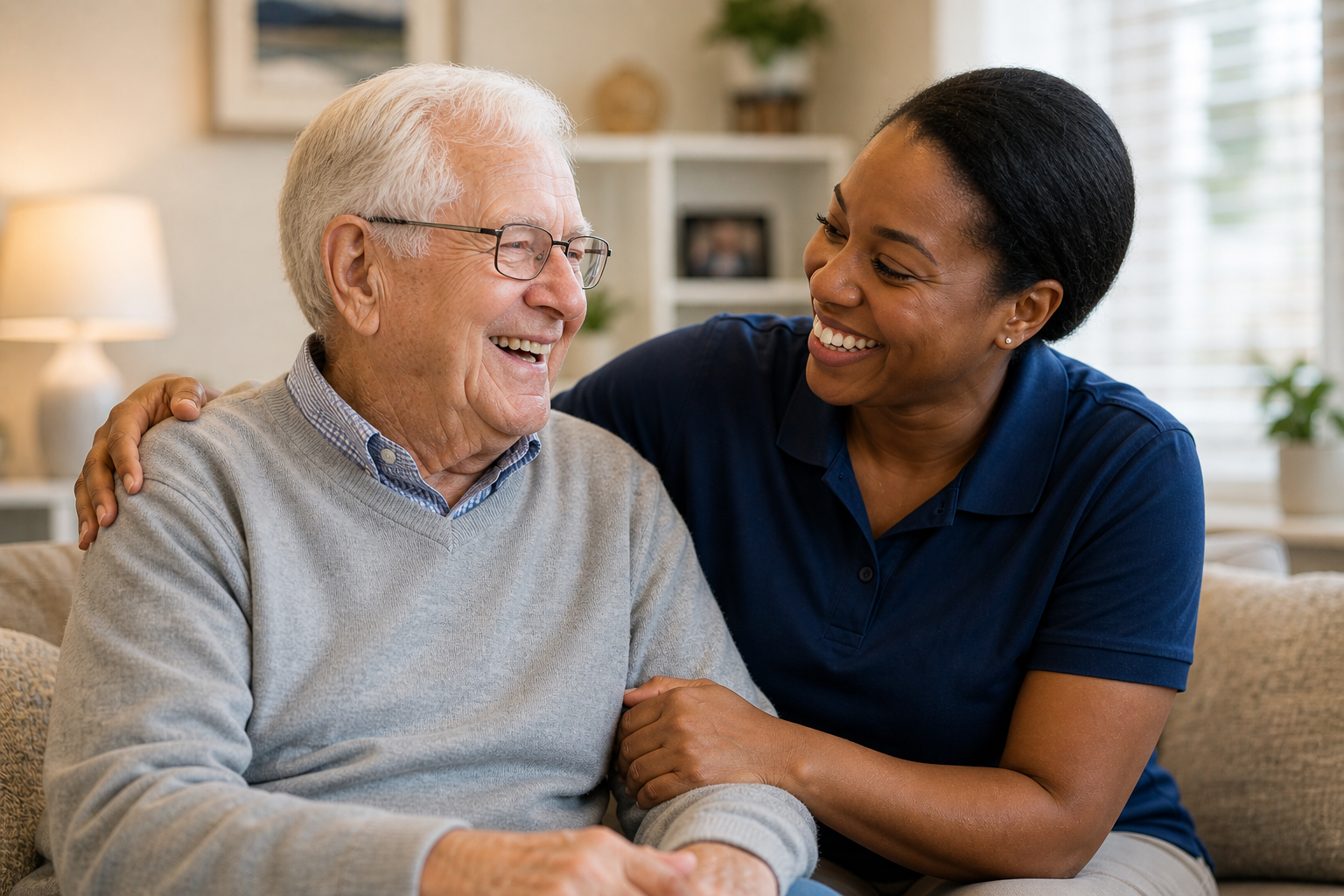An elderly man with glasses smiling and a woman in a blue shirt smiling and touching his shoulder, sitting on a beige couch in a cozy living room.
