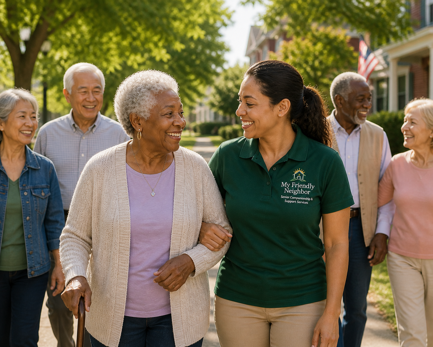 Young woman in a green polo shirt smiling and talking with an elderly woman walking arm-in-arm outdoors on a sunny day with a group of seniors behind them.