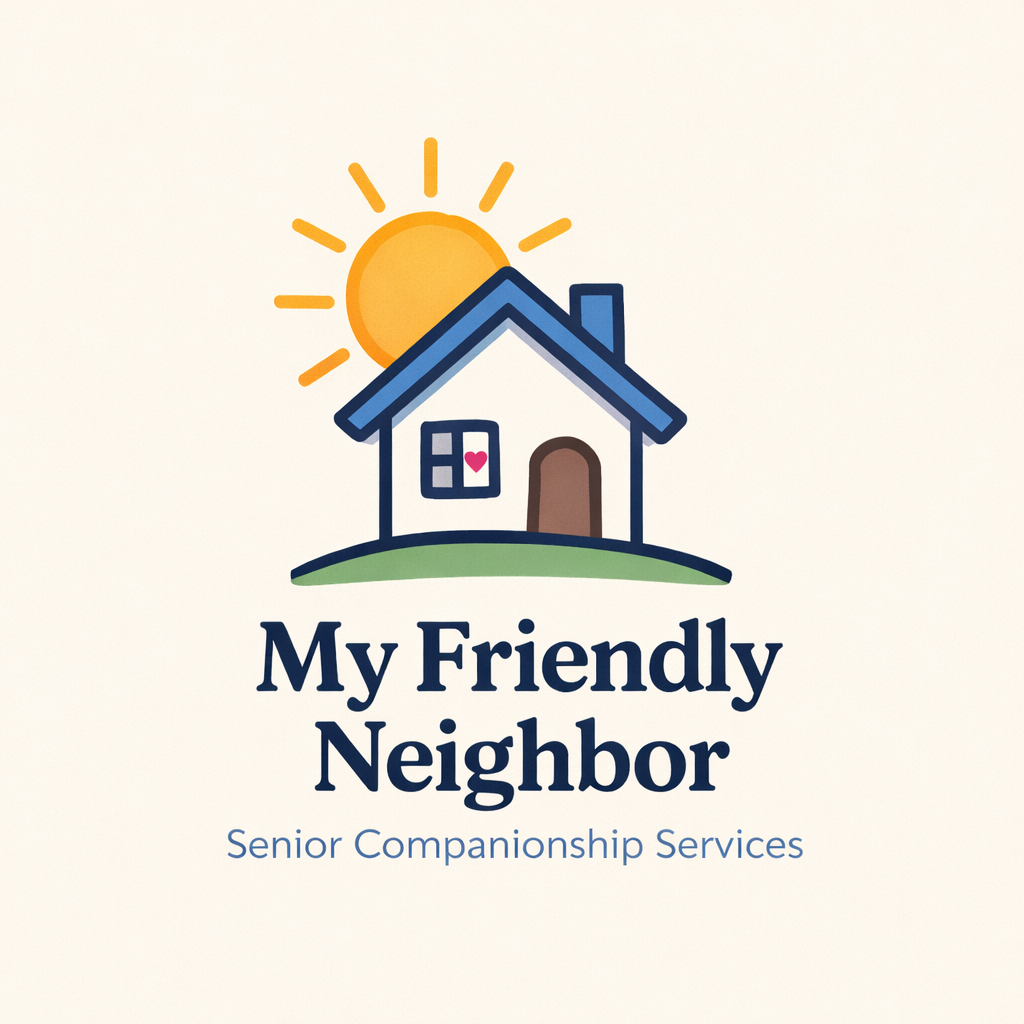 Logo of a house with sun behind it, accompanied by the text "My Friendly Neighbor" and "Senior Companionship Services".