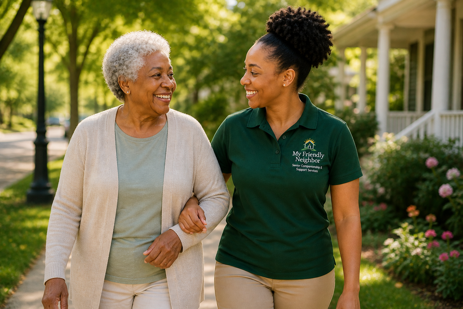An elderly woman and a young female caregiver walking and talking outdoors on a sunny day.