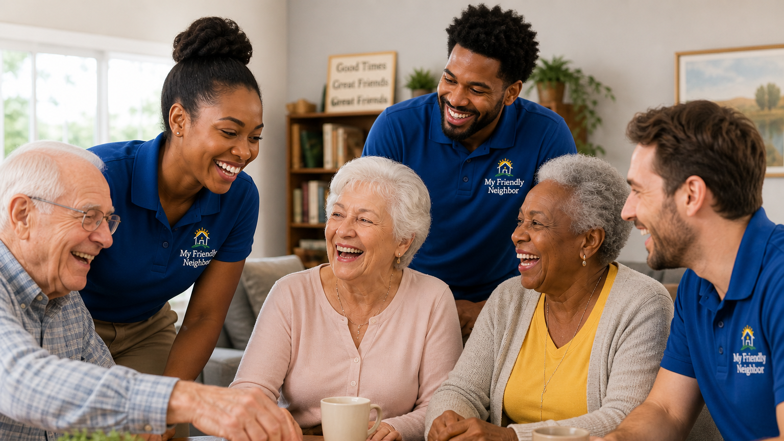 Group of young and elderly people sitting around a table, smiling, and engaging in conversation in a cozy living room with bookshelves and plants.