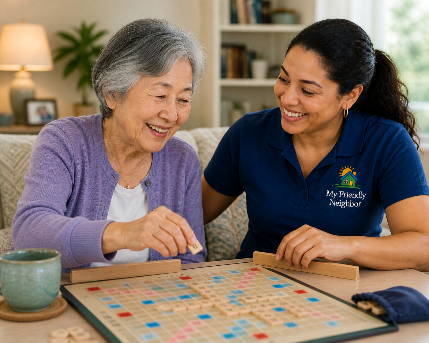 An elderly woman and a caregiver playing Scrabble together at a table in a cozy living room.