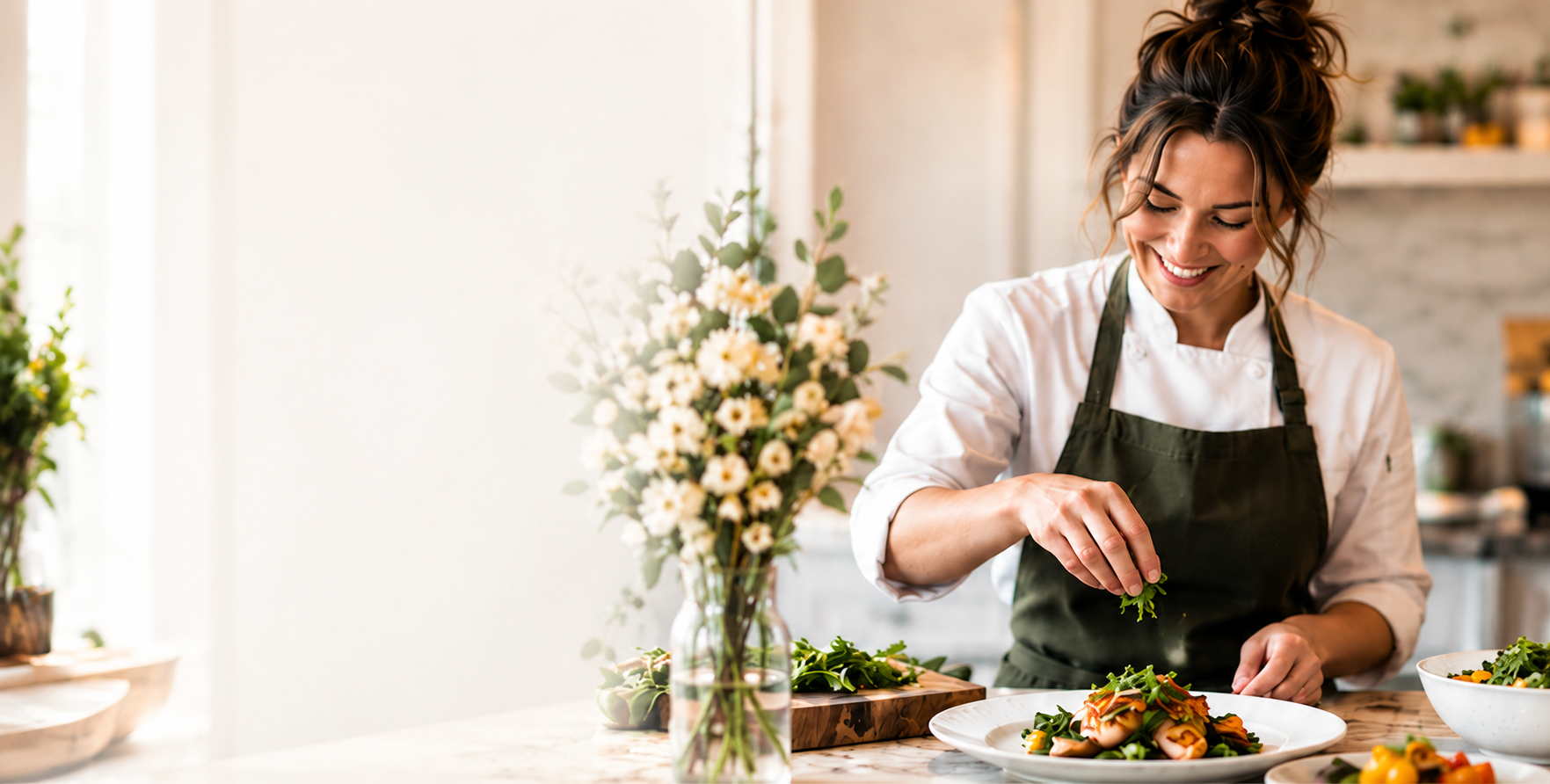 A woman in a white chef's coat and green apron arranging fresh herbs on a plated dish in a bright kitchen, with a large vase of white flowers on the counter.