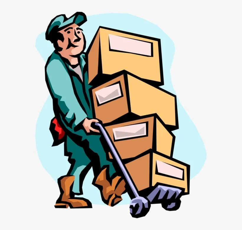 A cartoon illustration of a person wearing work clothes and boots, pushing a hand truck loaded with cardboard boxes.