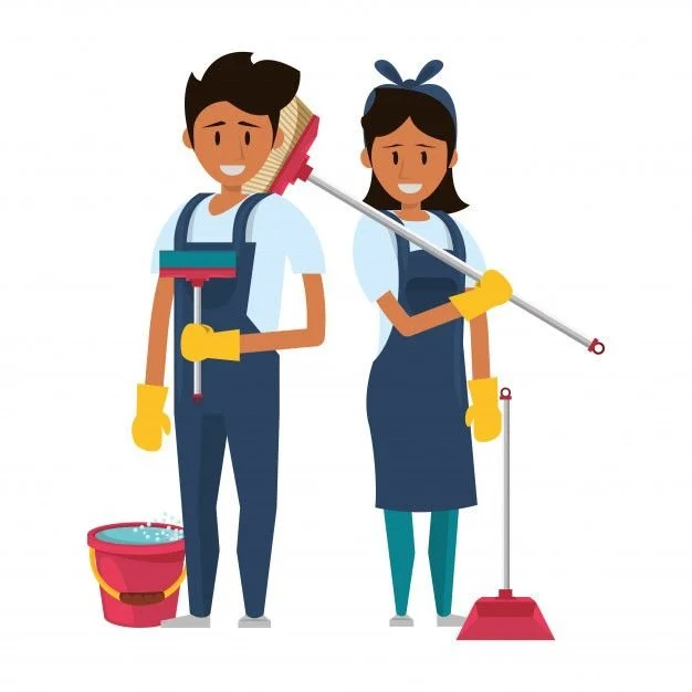 Two cartoon characters, a man and a woman, cleaning the floor together. The man is holding a mop, and the woman is holding a long-handled cleaning tool. They are both wearing yellow gloves and blue overalls, with a bucket of water nearby.