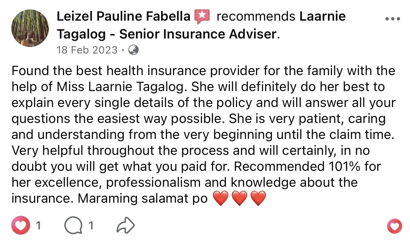 Screenshot of a social media review recommending Laarnie Tagalog as an insurance adviser, praising her professionalism, patience, and knowledge.