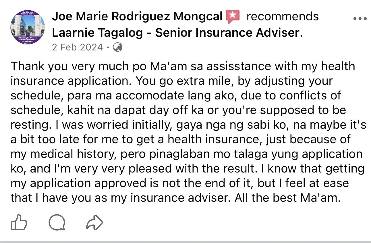 Customer review expressing gratitude for insurance application assistance from Laarnie Tagalog, a senior insurance adviser, in Filipino and English, dated February 2, 2024.