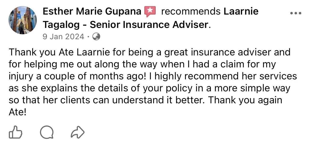 Screenshot of a Facebook review praising Laarnie Tagalog, a senior insurance adviser, for her help with a claim and her clear explanation of insurance policies.
