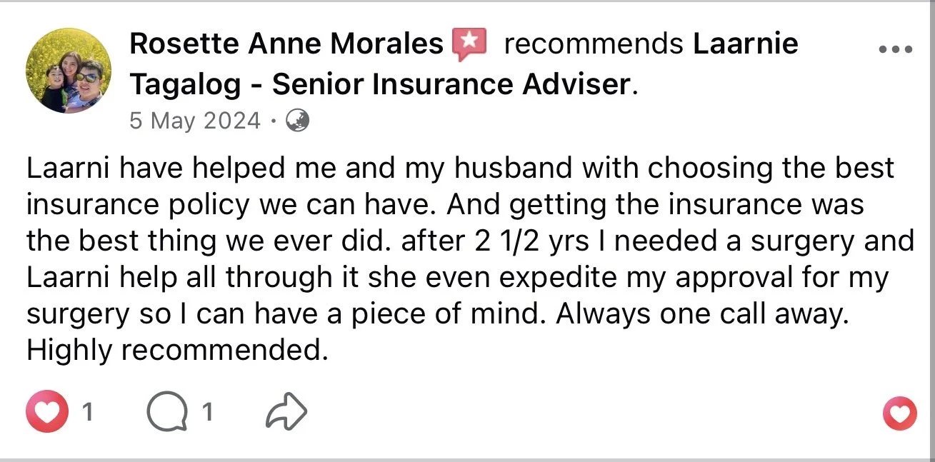 Screenshot of a Facebook recommendation post by Rosette Anne Morales, showing her positive review of Laarni Tagalog, a senior insurance adviser. The post includes her profile photo with three people, all smiling outdoors on a sunny day.
