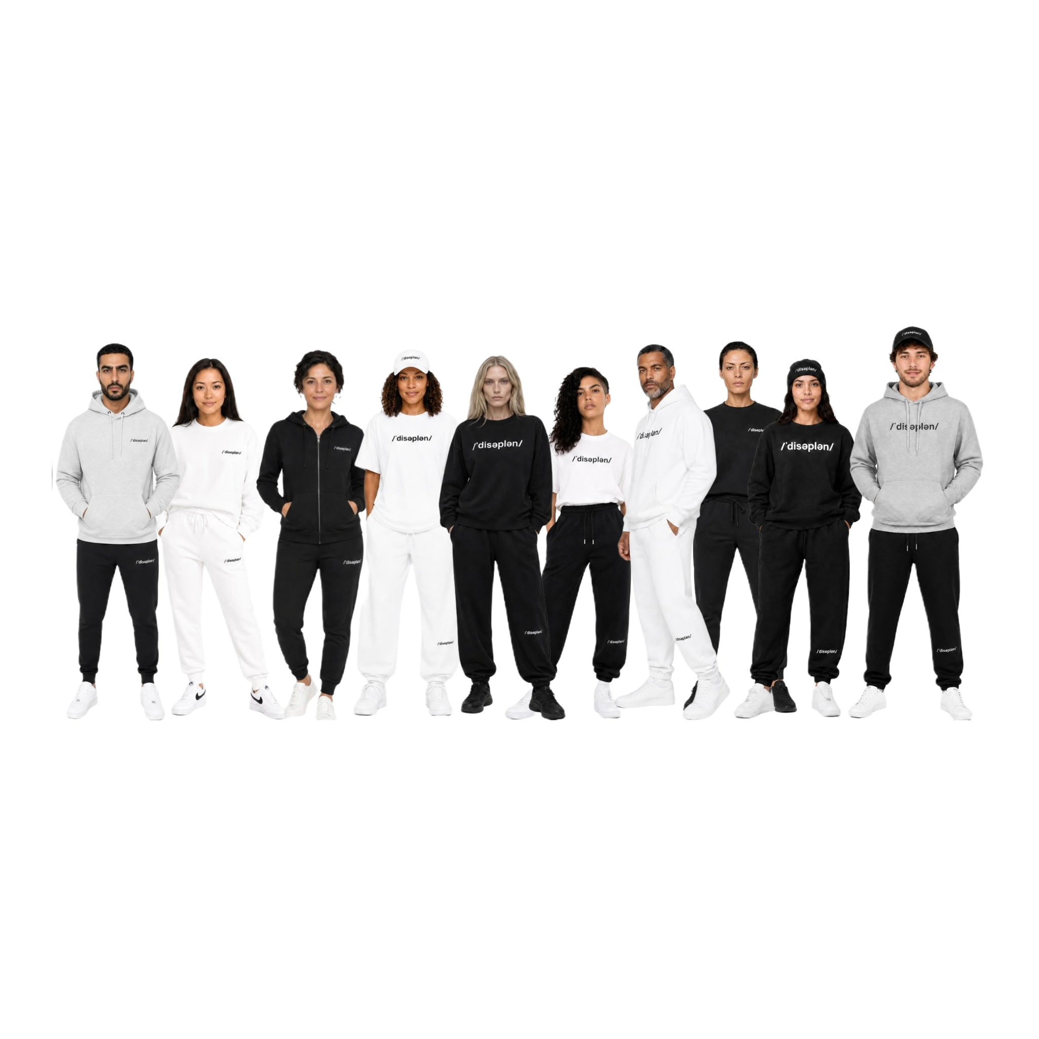 Models wearing /ˈdisəplən/ Standard and Uniform Collection apparel