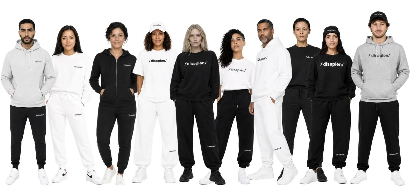 Eleven /ˈdisəplən/ models wearing the /ˈdisəplən/ Standard and Uniform Collection standing side by side in a studio with a white background.