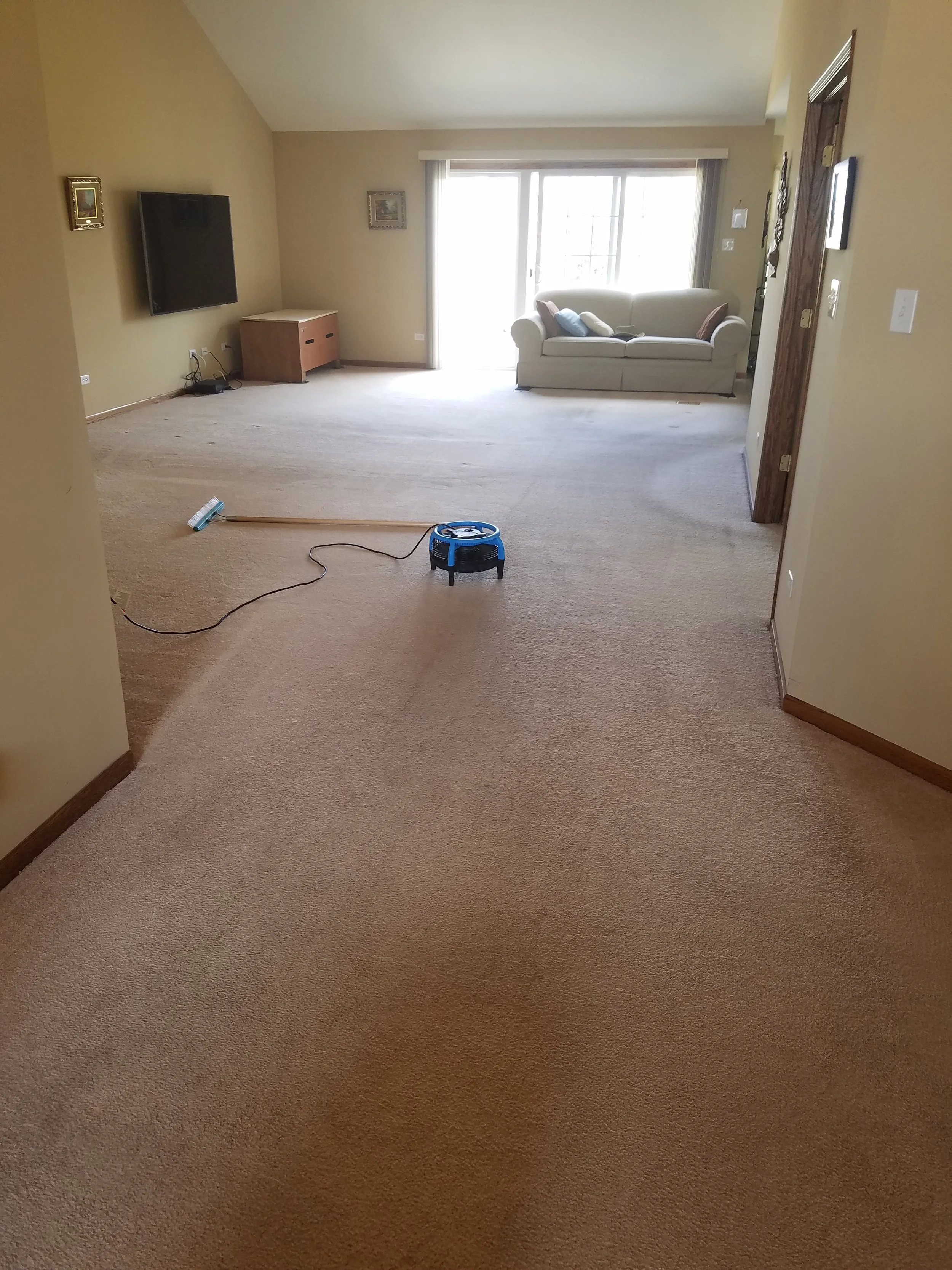 Living room with beige carpet, a wall-mounted TV, a sliding glass door with blinds, a beige couch with pillows, and cleaning equipment on the floor.