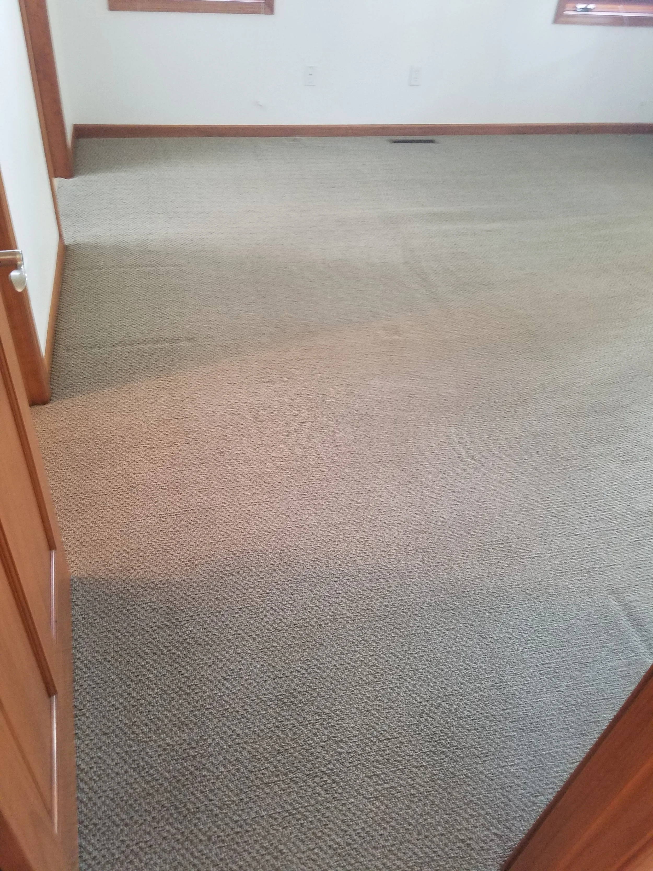Empty room with a beige carpet, white walls, wooden baseboards, and a window with wooden trim.