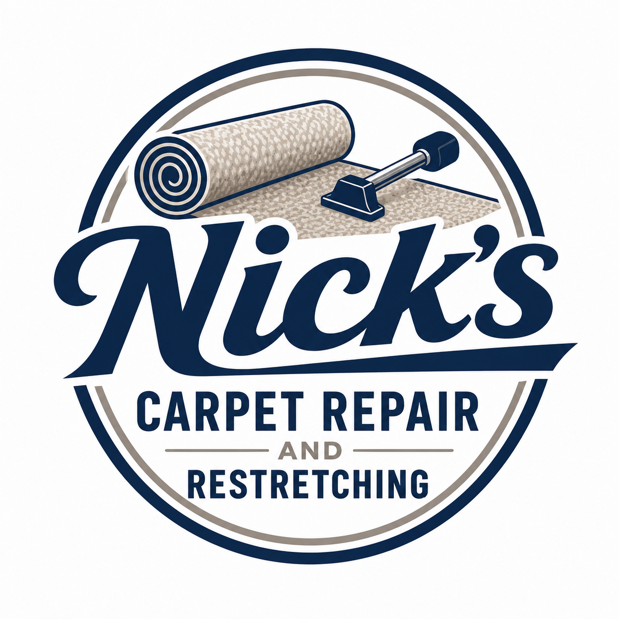Logo for Nick's Carpet Repair and Stretching featuring a carpet roll and carpet stretcher with the business name and services.