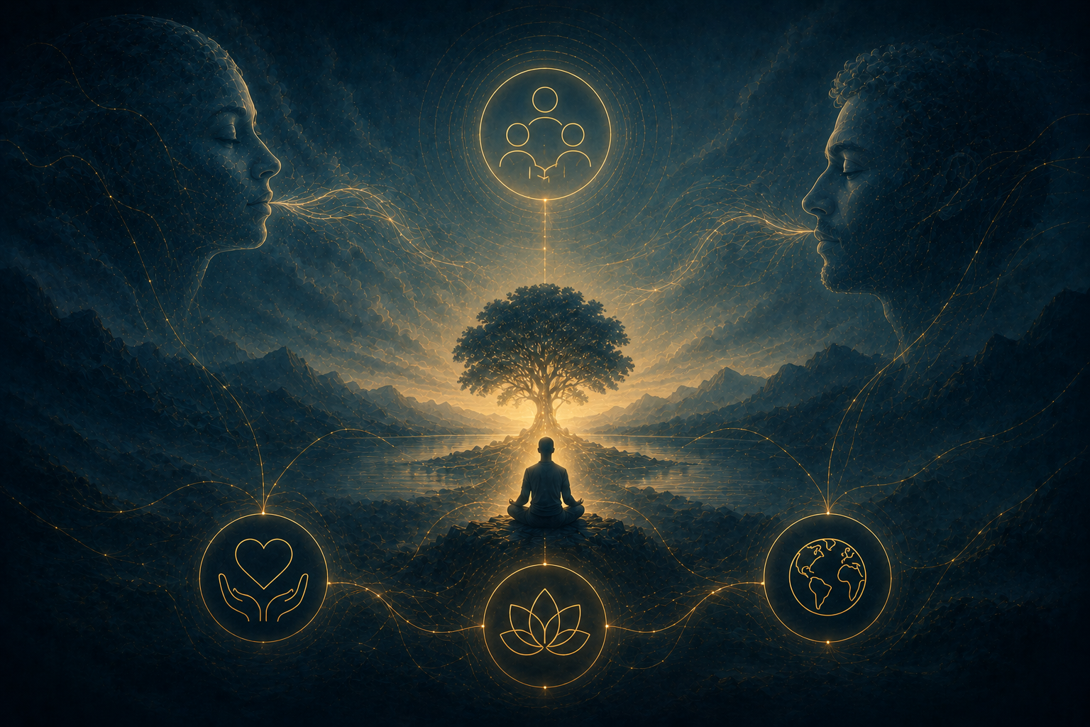 A person meditating outdoors with a large tree in the background, surrounded by digital line icons representing love, nature, earth, and community, with two large human faces facing each other in profile.