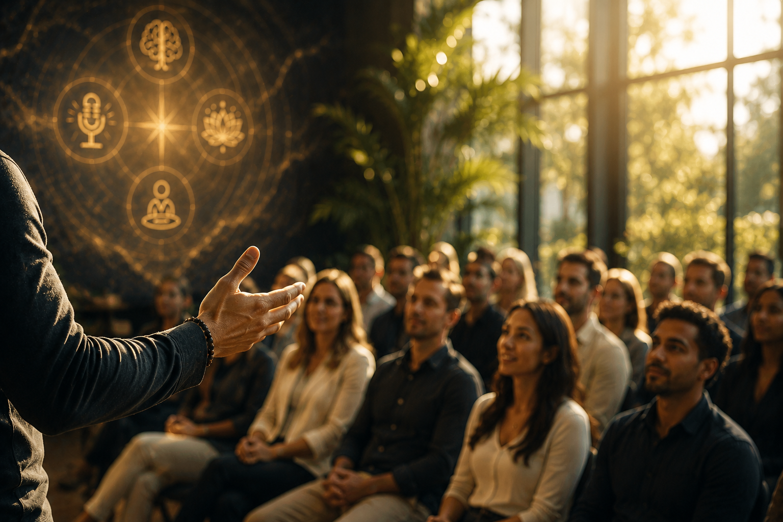 A speaker gives a presentation to a seated audience in a sunlit room with large windows and plants, with digital icons floating in the air.