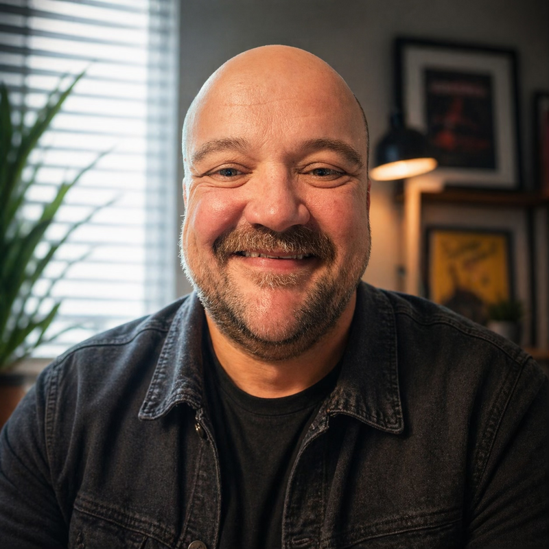 A smiling bald man with a beard wearing a black denim jacket in a room with a potted plant, framed artwork, and a black desk lamp in the background.