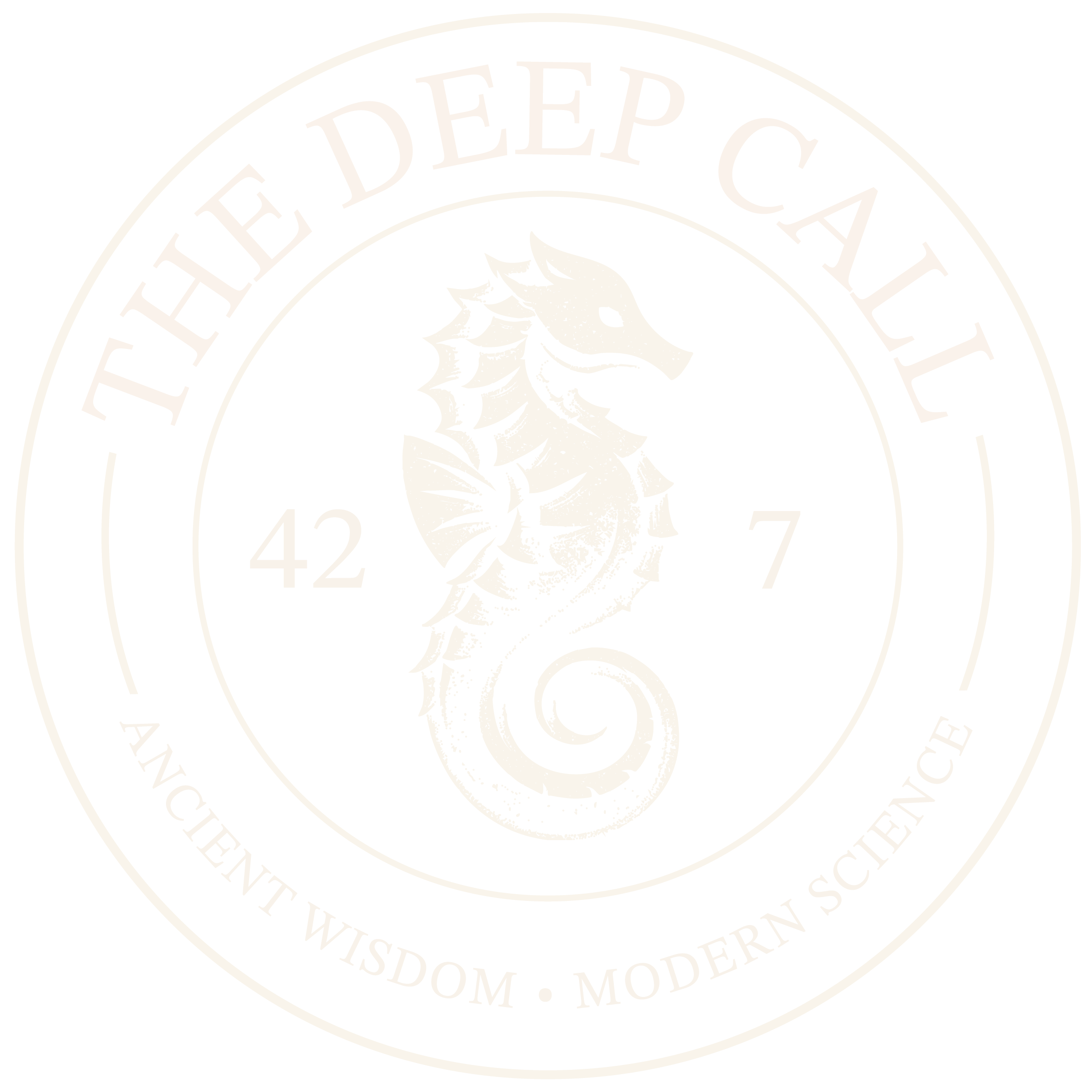 Close-up of a black and white logo featuring a seahorse at the center with the words "THE DEEP CALL" arched above it and surrounding text including keywords like "WISDOM," "MODERN," and "WISDOM."